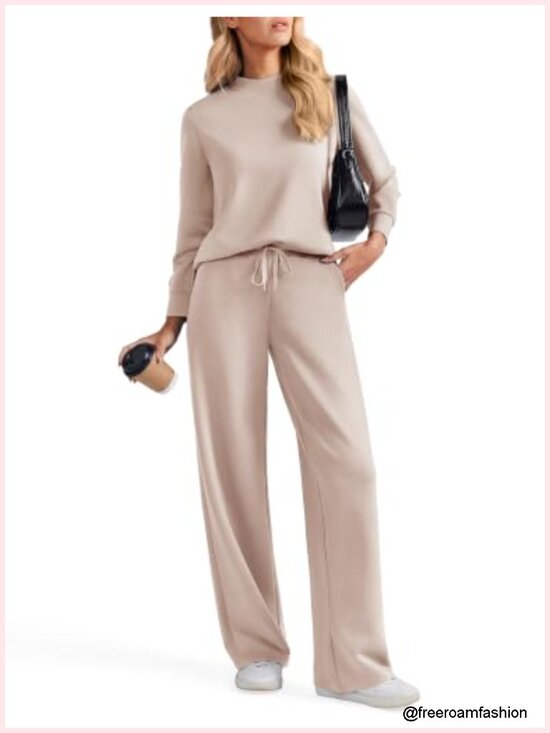 Pants - 2 Piece Lounge Set Wide Leg Pants Mock Neck Sweatsuit Relaxed Fit Tracksuit